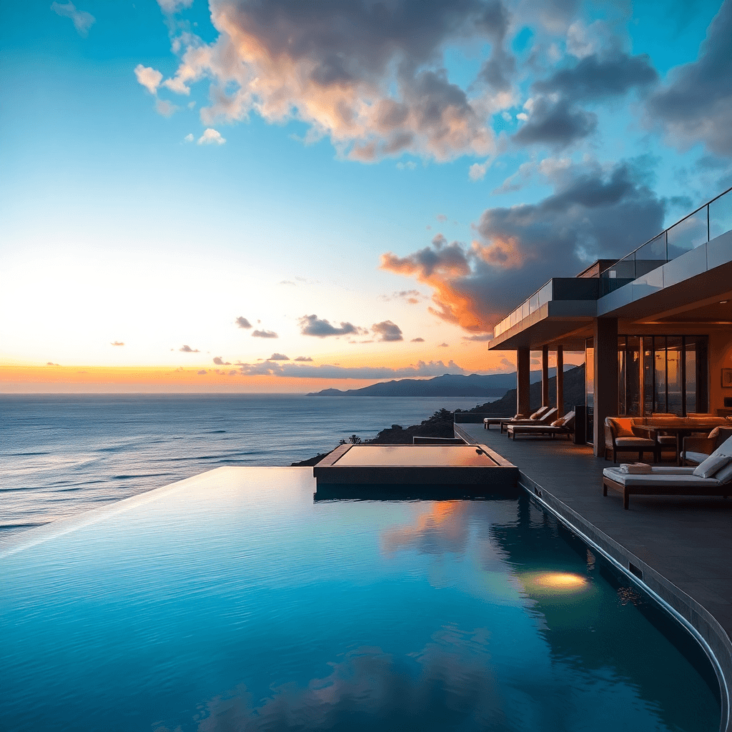 Luxury coastal resort infinity pool overlooking the ocean at sunset